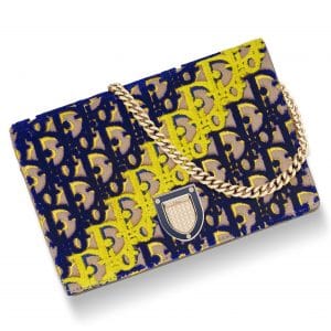 Dior Beige Oblique Fabric Embroidered with Tufted Velvet Diorama Wallet On Chain Pouch Bag