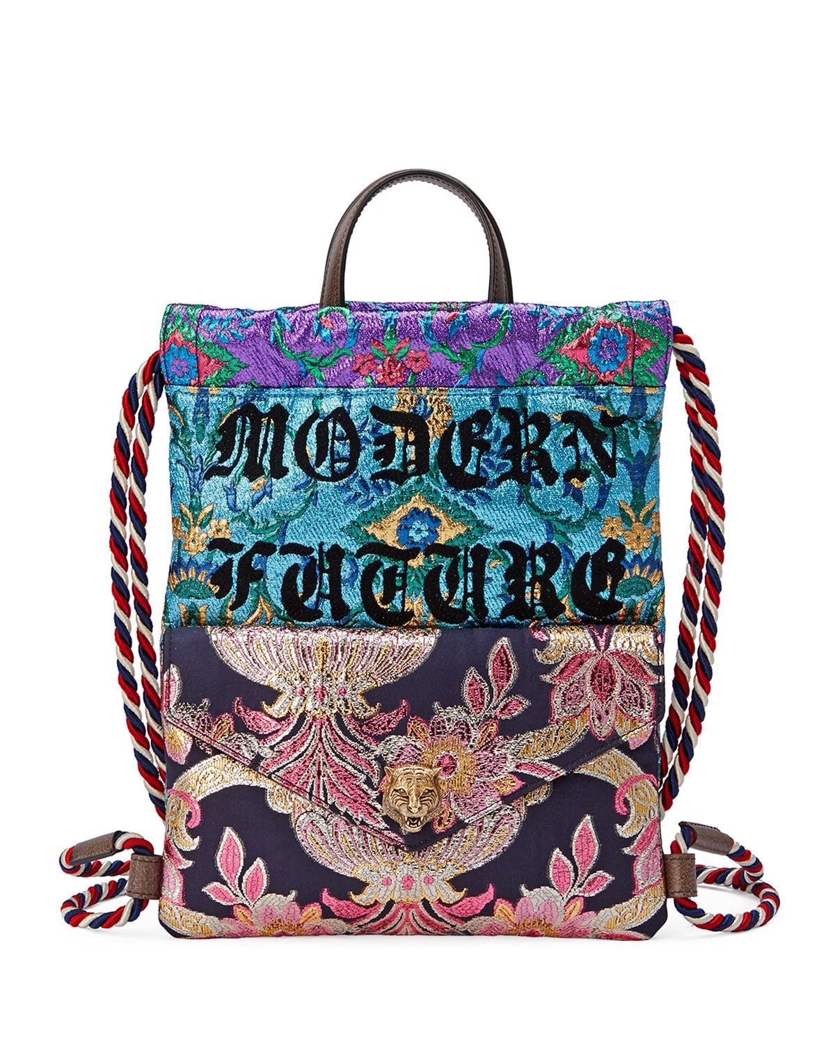 Gucci Blue Multicolor Brocade Modern Future Small Drawstring Backpack Bag