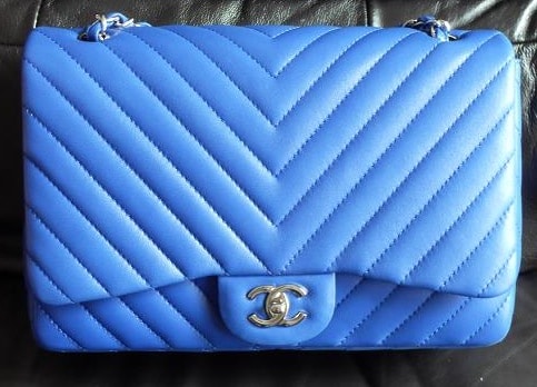 Chanel Blue Chevron Jumbo Classic Double Flap Bag