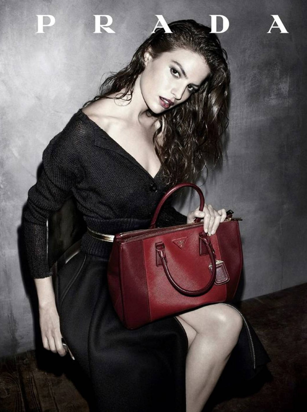 Cameron Russell with Prada Red Bicolor Saffiano Double-Zip Tote Bag