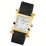 Hermes Gold Plated Black Leather Strap H Hour MM Watch