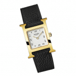 Hermes Gold Plated Black Leather Strap H Hour PM Watch