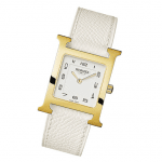Hermes Gold Plated White Leather Strap H Hour MM Watch