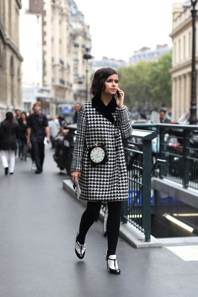Miroslava Duma in Checkered Coat and Clock Bag - Street Style