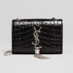 Saint Laurent Black Croc Embossed Cassandre Tassel Small Shoulder Bag