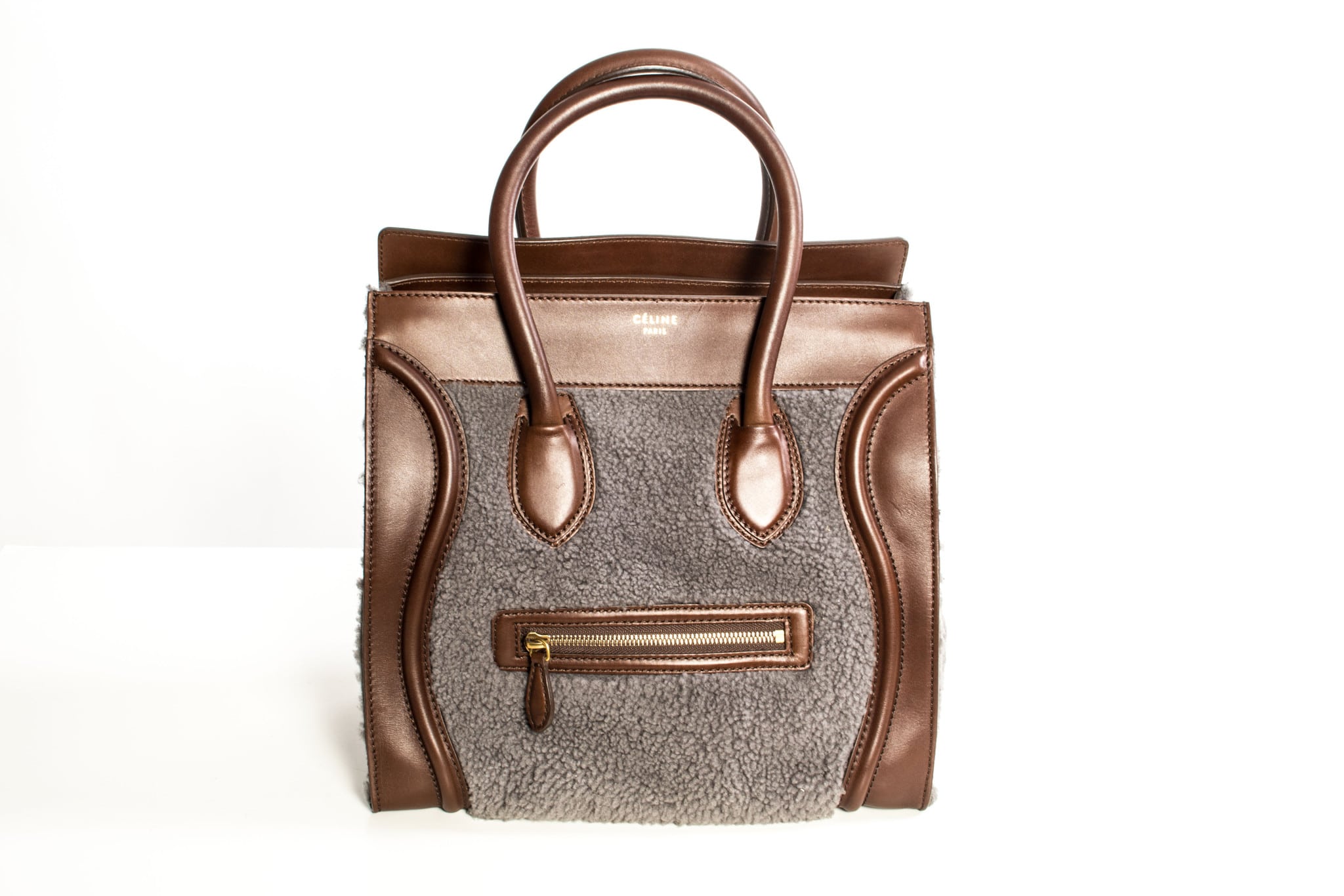 Celine Shearling Charcoal Mini Luggage Bag