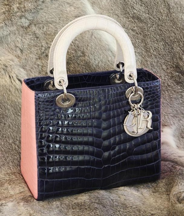 Lady Dior Bag with Crocodile Pink handles with Blue Base
