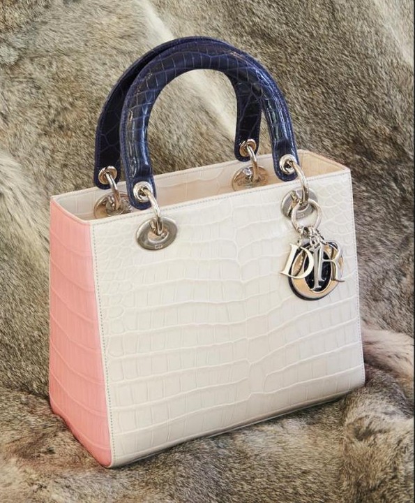 Lady Dior with Crocodile Blue Handles and Pink Base Bag