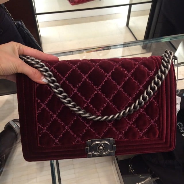 Chanel 2014 Boy Medium Shoulder Bag Velvet Burgundy 14P A92489