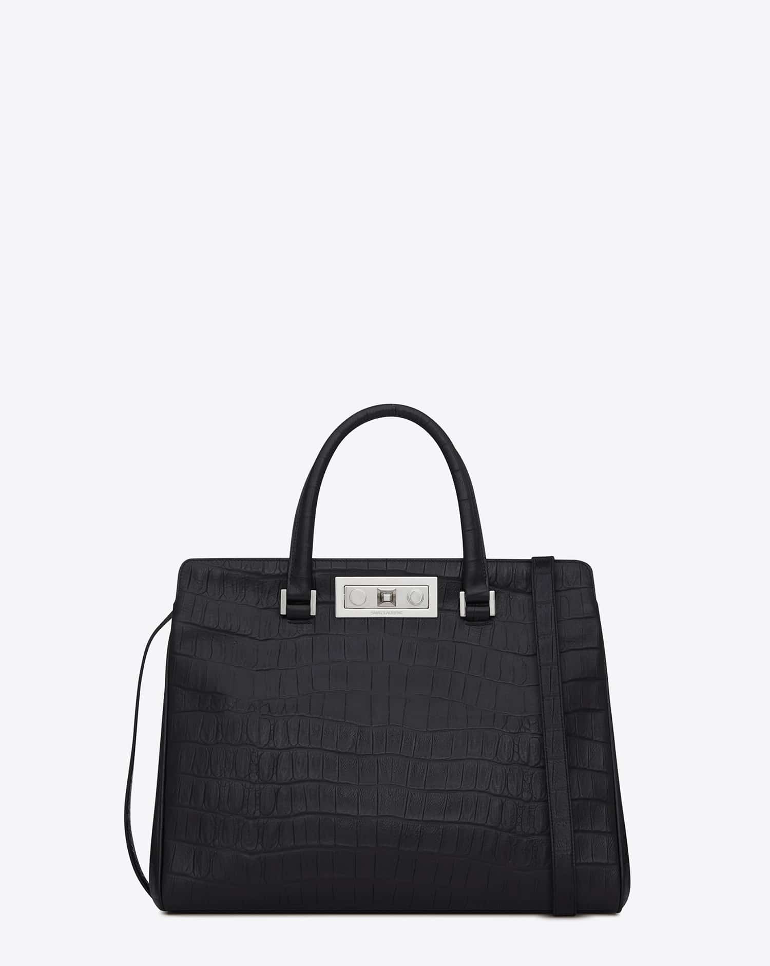 Saint Laurent Black Crocodile Embossed Trois Clous Medium Bag