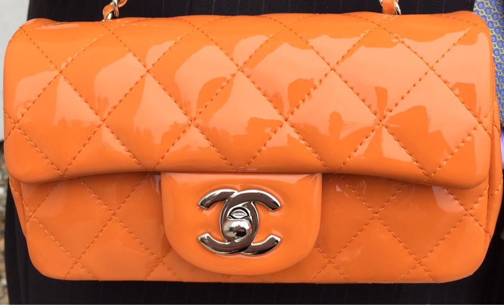 Chanel Orange Quilted Patent Leather Classic Rectangular Mini Flap Bag