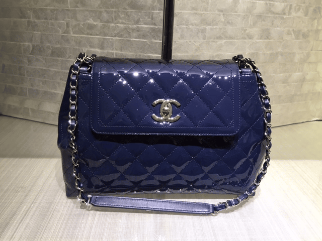 CHANEL Large Coco Shine Patent Quilted Leather Shopping Tote Blue