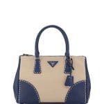 Prada Navy Leather/Canvas City Stitch Tote Bag