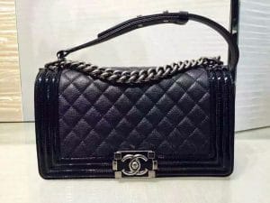 Chanel Black Goatskin with Patent Trim Boy Old Medium Bag