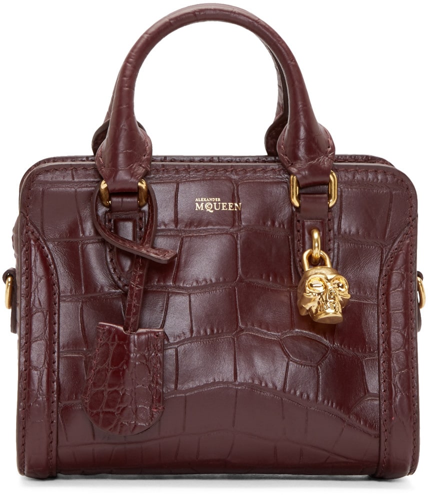 Alexander McQUeen Burgundy Croc Embossed Mini Skull Padlock Bag