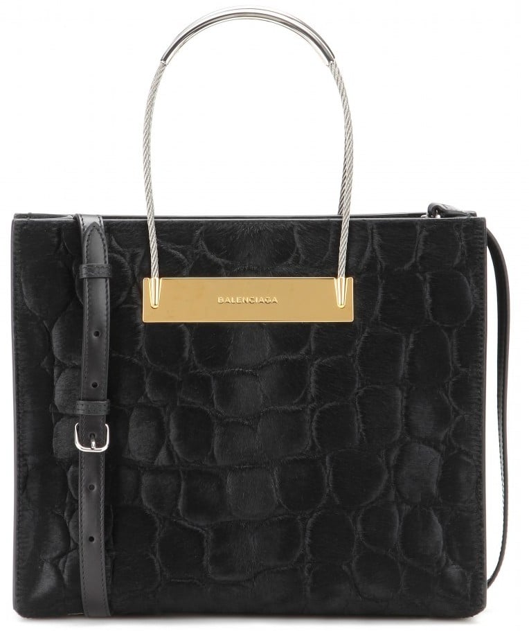 Balenciaga Black Croc Embossed Calf Hair Cable Shopper Medium Bag