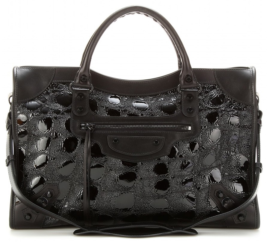Balenciaga Black Croc Embossed Patent Classic City Bag