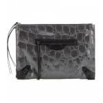 Balenciaga Grey Croc Embossed Patent Classic Pouch Bag