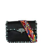 Valentino Black with Turquoise Studs Rockstud Saddle Bag with Embroidered Strap