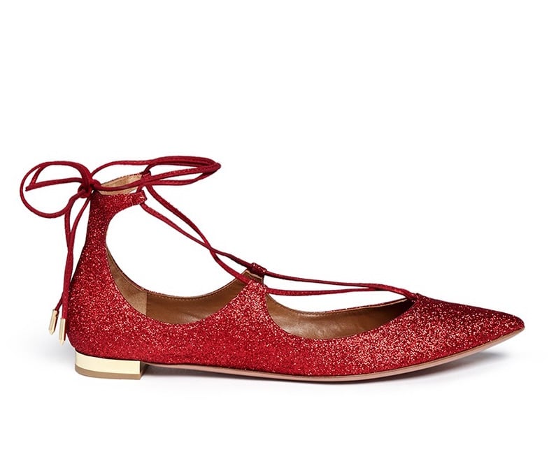 Aquazzura Christy Lace-up Metallic Glitter Flats
