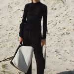 Celine Black/White Large Canvas Bucket Bag / Turtleneck Sweater / Relaxed Fit Front Buttoned Trousers / Rodeo V Neck Pump
