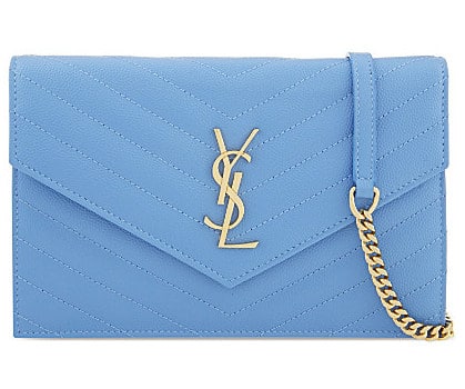 Saint Laurent Light Blue Matelasse Monogram Chain Wallet