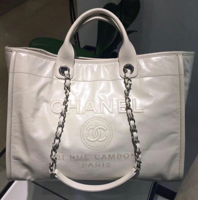 Chanel White Leather Deauville Large Shopping Tote Bag - Yoogi's Closet