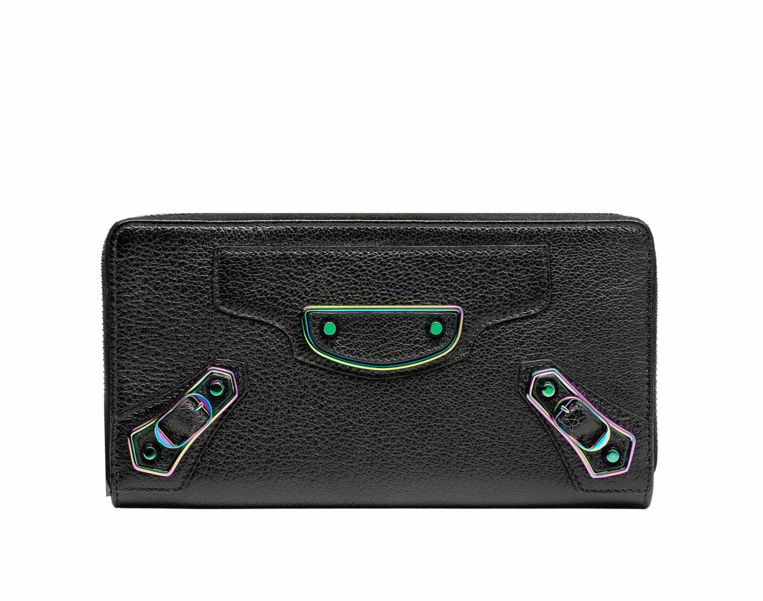 Balenciaga Black Classic Metallic Edge Iridescent Continental Zip Around Wallet