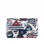 Chanel White/Navy Blue/Red Tweed and Crests Classic Flap Jumbo Bag