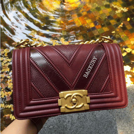 CHANEL Small Chevron Boy Calfskin Leather Flap Bag Burgundy