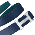 Hermes Bleu Saphir Swift and Colvert Epsom Hammered Finish Silver H Buckle Belt