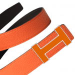 Hermes Chocolate Brown Box and Orange Togo Lacquered Finish Quizz Belt