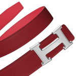 Hermes Red Swift and Casaque Red Epsom Metal Finish Silver H Buckle Belt