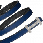 Hermes Sapphire Blue Swift and Black Epsom with White Gold Buckle and Diamonds Focus Belt