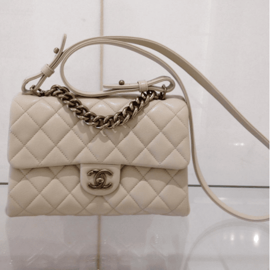 Chanel Beige Quilted Sheepskin Leather Trapezio Flap Bag - Yoogi's Closet