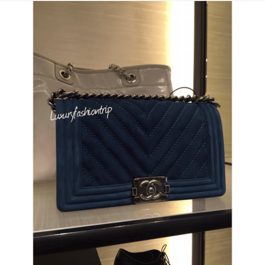 Chanel Blue Nubuck Chevron Boy Large Bag