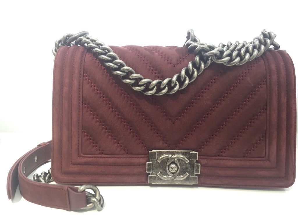 Chanel Burgundy Nubuck Chevron Boy Medium Bag