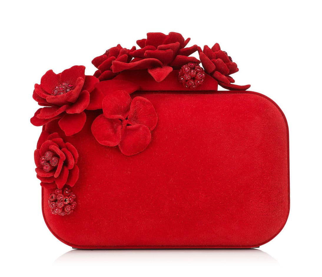 Jimmy Choo Red Flocked Metal Clutch Bag with Flocked and Crystal Flowers