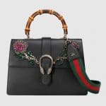 Gucci Black Embroidered Dionysus Large Bamboo Top Handle Bag