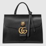 Gucci Black Feline Embellished GG Marmont Medium Top Handle Bag
