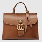 Gucci Brown Feline Embellished Structured Leather GG Marmont Medium Top Handle Bag