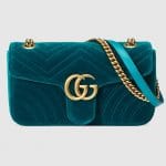 Gucci Petrol Blue Velvet Chevron GG Marmont Small Flap Bag