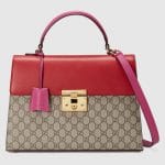 Gucci Hibiscus Red and Pink Leather with GG Supreme Padlock Medium Top Handle Bag