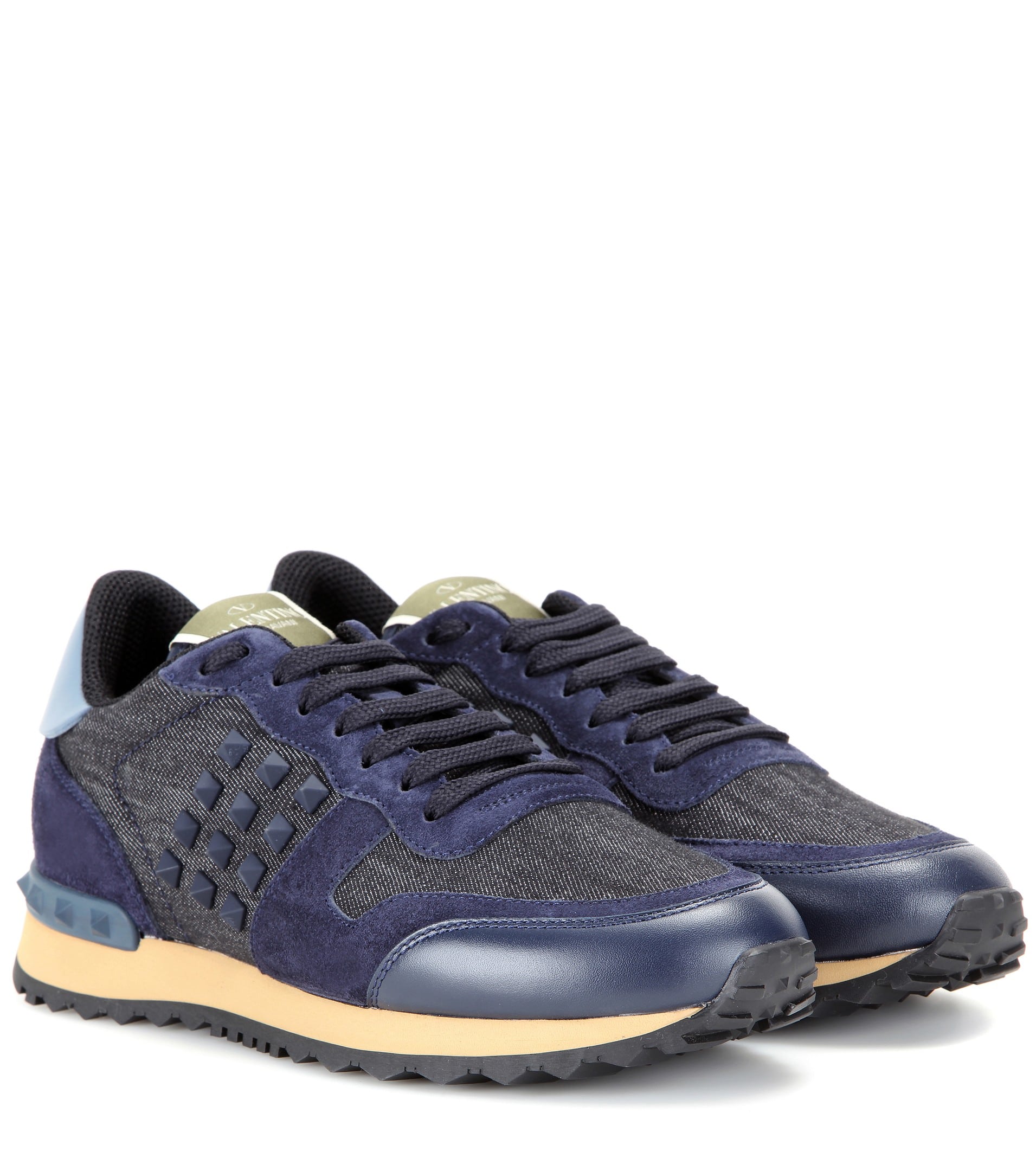 Valentino Rockrunner Denim, Leather And Suede Sneakers
