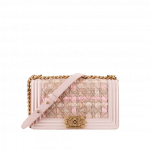 Chanel Light Pink/Beige Tweed/Wood Boy Chanel in Cuba Old Medium Flap Bag