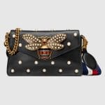 Gucci Black Bee Detail and Pearl Studded Broadway Leather Clutch Bag