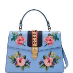 Gucci Light Blue Sylvie Embroidered Leather Top-Handle Satchel Bag