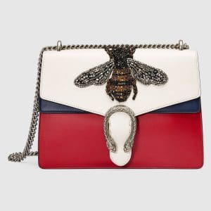 Gucci White/Red/Blue Bee Embroidered Medium Dionysus Shoulder Bag