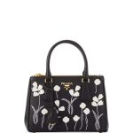 Prada Black/White Floral Saffiano Double-Zip Mini Galleria Bag