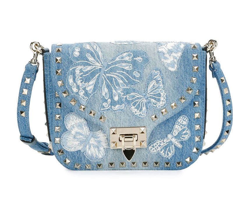 Valentino Rockstud Small Butterfly Washed Denim Crossbody Bag